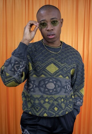 VINTAGE 80S JUMPER GREY GREEN GEOMETRIC SUN GRAPHIC KNIT
