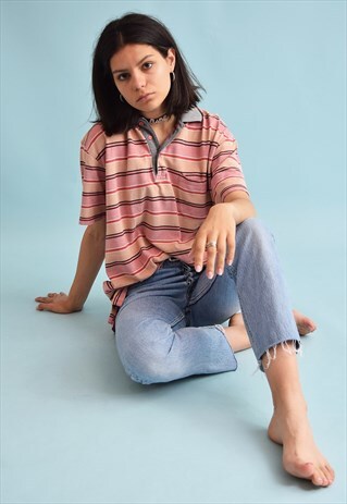 90'S RETRO ATHLEISURE STRIPED OVERSIZED POLO T-SHIRT TEE