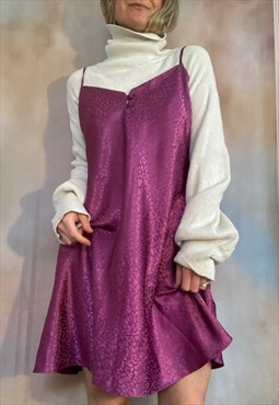 Satin Silky Slip Dress in Purple Cerise Leopard Print 