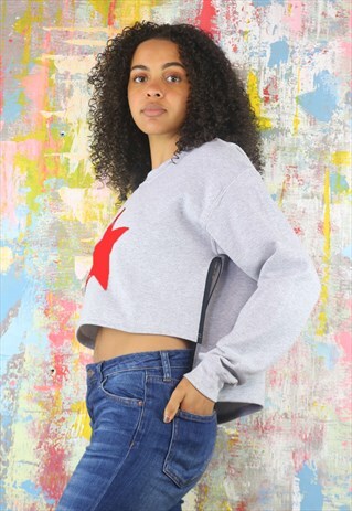 CROPPED SPLIT SWEATSHIRT IN GREY WITH RED STAR