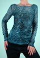 Y2K Sheer Mesh Sequins Top Blouse Long-sleeve Stretch Teal