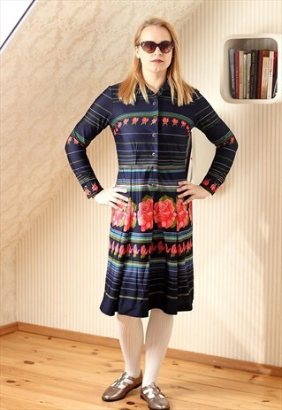NAVY BRIGHT FLOWERS VINTAGE DRESS