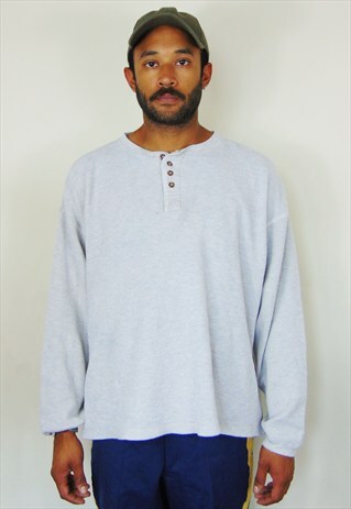 90S SPORTSWEAR LONG SLEEVE GREY WAFFLE KNIT HENLEY LARGE