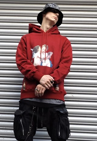 LOOSE FIT OVERSIZE ANGEL RELIGIOUS GRAPHIC PRINT HOODIE