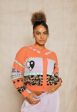 Orange Leopard Heart Star Fun Print Mix Cardigan