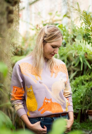 HAND PAINTED BIG CATS, ORGANIC LILAC SWEATER