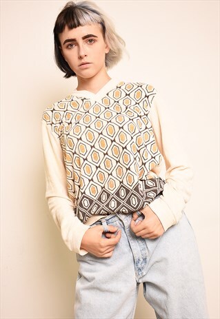 70'S RETRO NEUTRAL MOD PATTERN KNIT THIN TERRY SWEATSHIRT