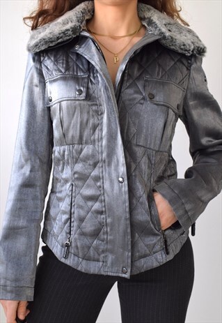 VINTAGE 00S Y2K IRIDESCENT METALLIC QUILTED FAUX FUR JACKET