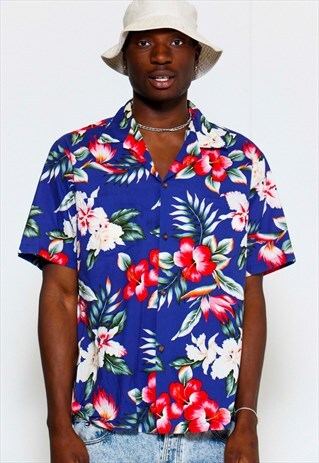 VINTAGE 90S BLUE HAWAIIAN PRINT SHIRT
