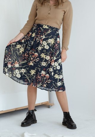 VINTAGE 80S PLEATED HIGH WAIST POCKETED FLORAL MIDI SKIRT L
