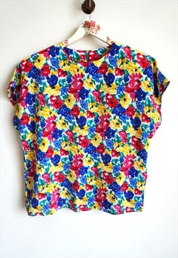 Vintage Womens Floral Rye Flowers Blouse Shirt Top 