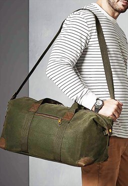 Premium Waxed Leather Canvas Holdall Bag - Khaki Green/Brown