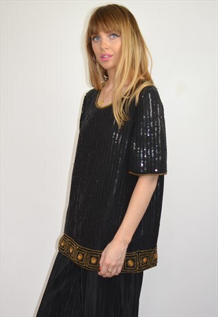 VINTAGE 90S OVERSIZED BLACK & GOLD SPARKLY BEADED TOP