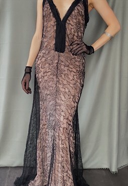 Vintage 00s maxi semi-sheer evening gown in black lace XS/S