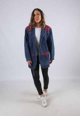 VINTAGE DENIM BLAZER JACKET RODEO LONG LONGLINE UK 14 (KBY)
