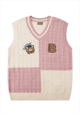 Preppy sleeveless sweater color block knitwear gilet jumper 