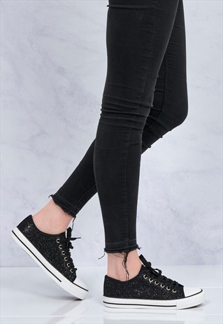 FLAT GLITTER LACE UP PUMP IN BLACK GLITTER