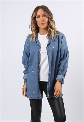 DENIM SHIRT JACKET OVERSIZED EMBROIDERED UK 16 XL (J83C)