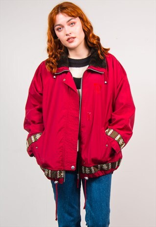 90'S RED AZTEC PRINT OVERSIZED FAUX FUR COLLAR COAT JACKET