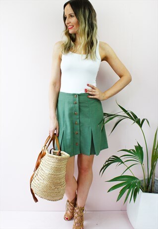 VINTAGE 80'S KHAKI GREEN BUTTON DOWN A LINE MINI SKIRT