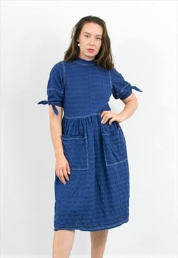 Vintage midi summer dress in navy blue short sleeve