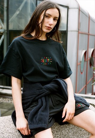 BLACK T-SHIRT WITH BE HAPPY EMBROIDERY