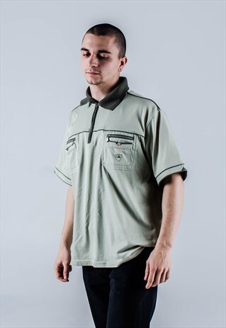 VINTAGE 90S ZIP POLO WITH POCKETS IN LIGHT GREEN