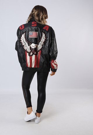 LEATHER BOMBER JACKET EMBROIDERED USA EAGLE UK 18 - 20 (GOAX