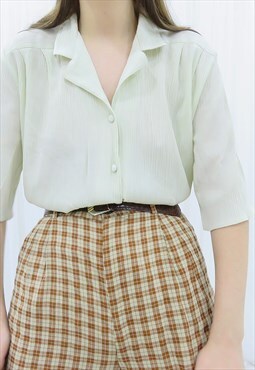 80s Vintage Light Green Cream Collared Shirt Blouse