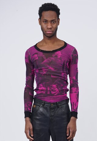 RARE 1994 JEAN PAUL GAULTIER ICONIC FACE PRINT SHEER MESH TO