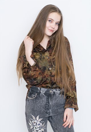 VINTAGE BROWN VELVET NUTS PATTERN LONG SLEEVE RETRO SHIRT