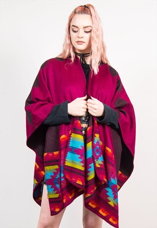 VINTAGE 90'S PINK BRIGHT AZTEC FESTIVAL SHAWL PONCHO CAPE