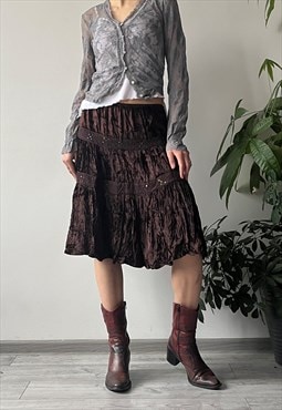 Vintage 90s 00s Dark Brown Velvet Sequins Flared Midi Skirt