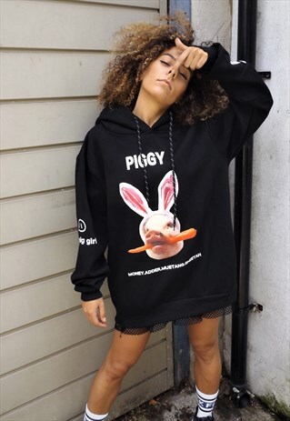 LOOSE FIT OVERSIZE PIG HOODIE CHRISTMAS RAVE SLOGAN TOP