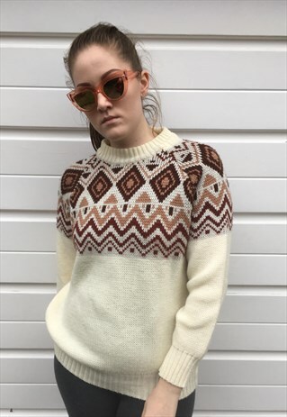 WOMENS VINTAGE 80S JUMPER CREAM FAIRISLE WOOL SWEATER