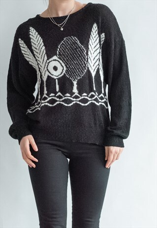 VINTAGE 80S MINIMAL SLOUCHY TREE PATTERN JUMPER