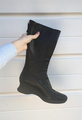 WOMENS VINTAGE 80S 90S PRADA BOOTS BLACK LEATHER PLATFORMS