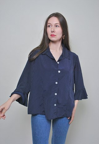 POLKA DOT BLOUSE, RUFFLE SLEEVE SHIRT FOR HER, VINTAGE BLUE