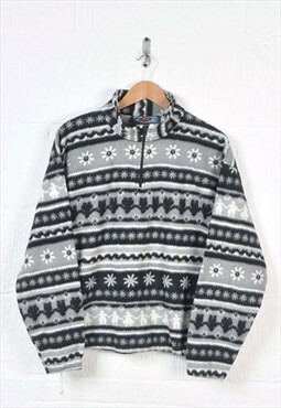 Vintage Fleece 1/4 Zip Retro Pattern Grey Ladies Medium