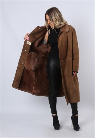 SHEEPSKIN SUEDE SHEARLING COAT JACKET LONG UK 18 (D91F)