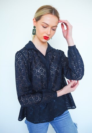 VINTAGE NAVY SEMI SHEER LACE BUTTON UP SHIRT