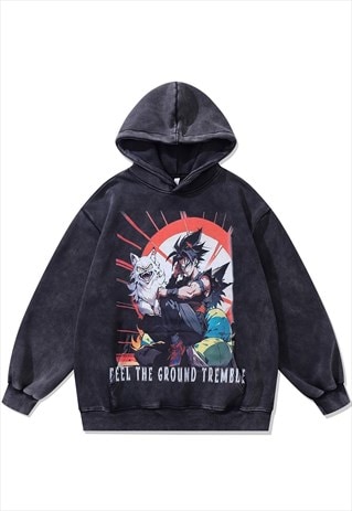 ANIME HOODIE VINTAGE WASH PULLOVER SUPER HERO JUMPER GREY