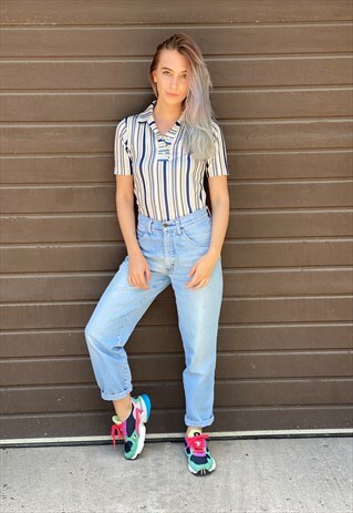 VINTAGE 90S WHITE BLUE STRIPED BEIGE SHIRT