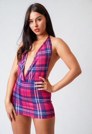 PINK TARTAN CHECK BACKLESS SHORT DRESS