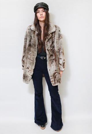 VINTAGE 1980'S BROWN ANIMAL PRINT FAUX FUR COAT