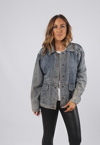 VINTAGE DENIM JACKET OVERSIZED FITTED ACID WASH UK 14 (J9AQ)