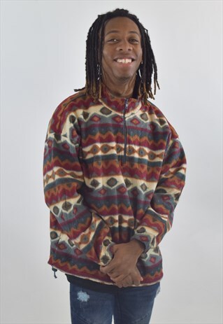 VINTAGE 90S RED ABSTRACT PATTERNED 1/4 ZIP FLEECE