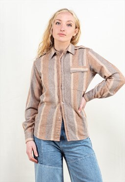 Vintage 70s Striped Wool Shirt in Beige