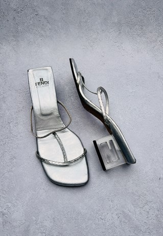 Fendi Sandals Heels Zucca 38 / 4 Perspex Clear Block Heel