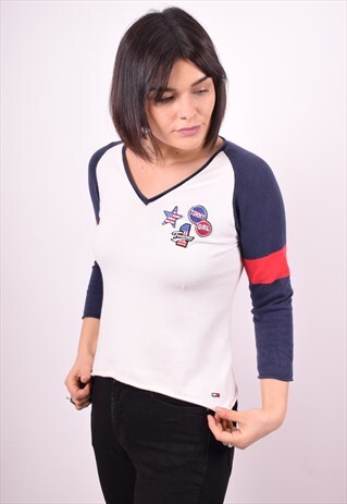 TOMMY HILFIGER WOMENS VINTAGE TOP 3/4 SLEEVE MEDIUM WHITE 90